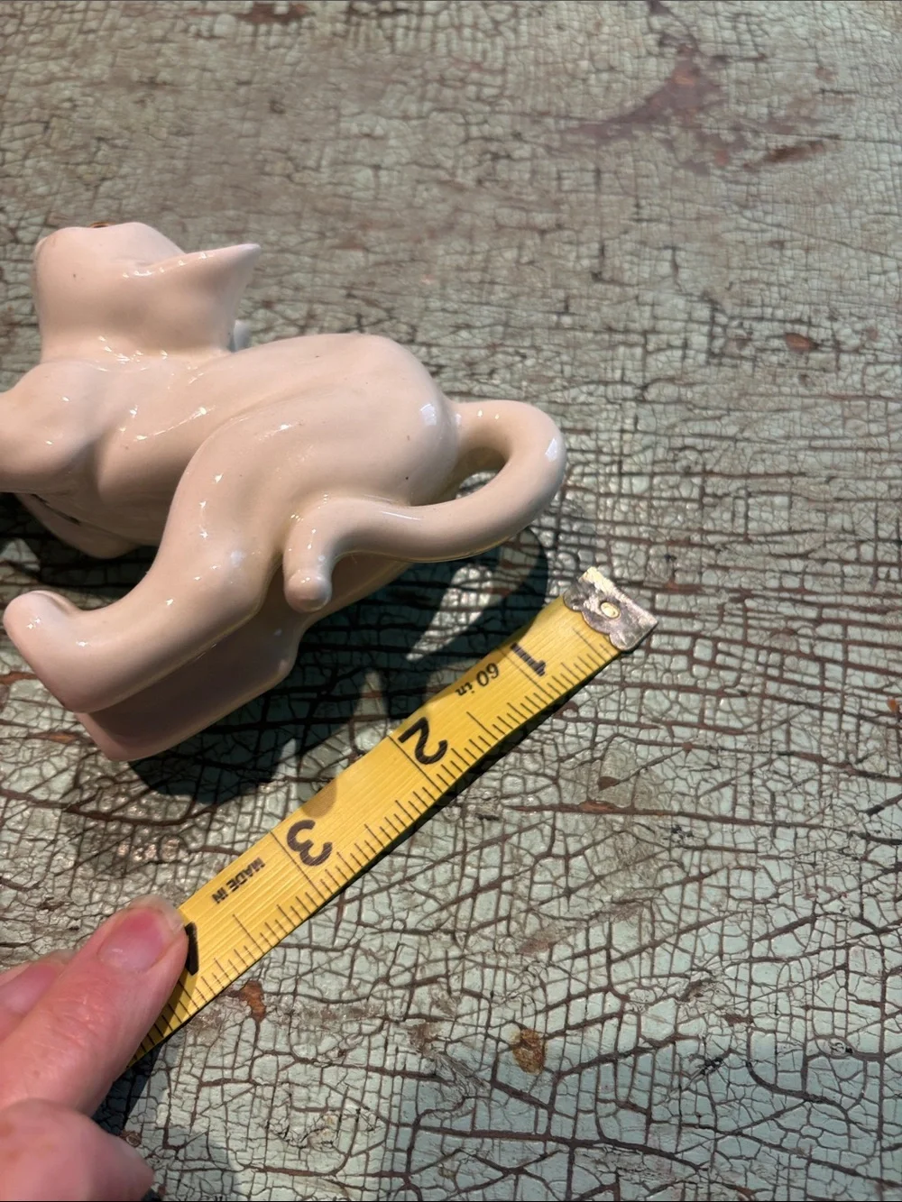 Vintage White Ceramic Cat Figurine Amber Eyes Stretching Arched Back